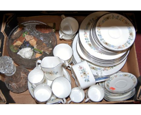 Four boxes of miscellaneous china and glassware to include Doulton Pastorale dinner/tea service, Doulton owl figures and vari
