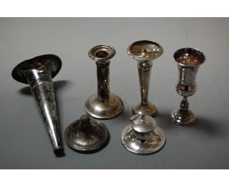 Assorted silver wares, to include kiddush cup, specimen vases ( one a/f), single candlestick on loaded base, and small capsta