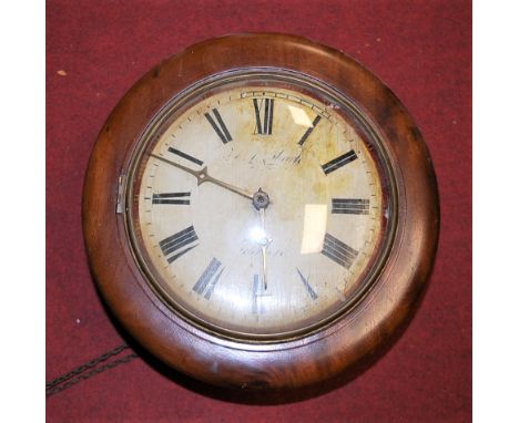 A Victorian postman's alarm clock, having a painted wooden dial with Roman numerals and weight driven movement. Not currently