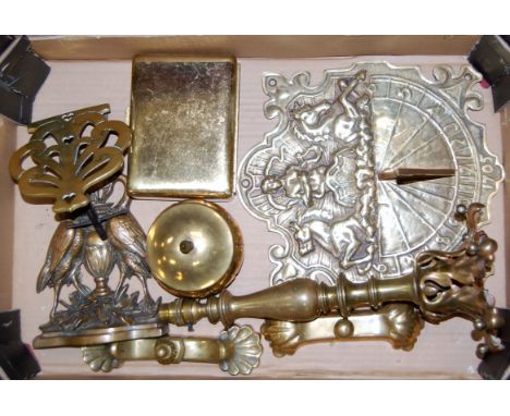 A box of miscellaneous brassware to include table cigarette box, sundial, trivet etc