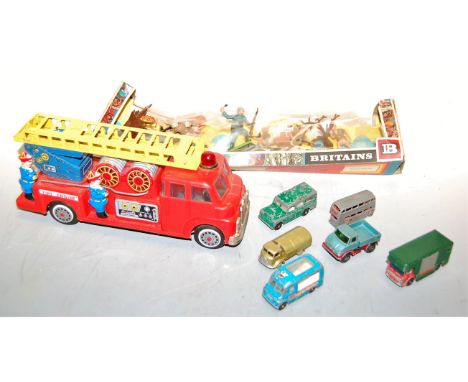 A single box of loose playworn diecast vehicles to include Dinky, Lesney, together with tinplate fire engine etc