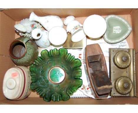 A box of miscellaneous items, to include carnival glass bowl, Royal Victoria Wade spirit barrel, brass inkwell etc