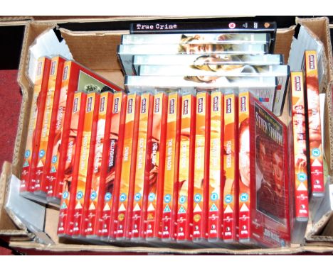 Two boxes of miscellaneous to include various John Wayne DVDs, Dad's Army DVDs, collectable matchboxes, tea cards etc