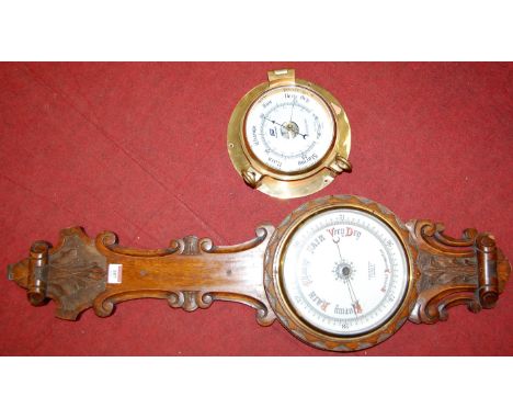 A late Victorian carved oak cased aneroid barometer, the dial signed Archer &amp; Sons, 73 Lord Street, Liverpool, together w
