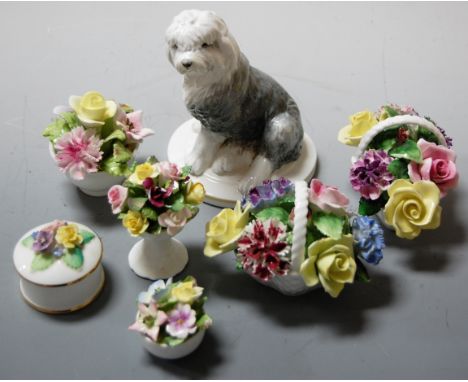 A collection of china floral posies, to include Royal Adderley single trinket box, and a Royal Worcester Old English puppy mo