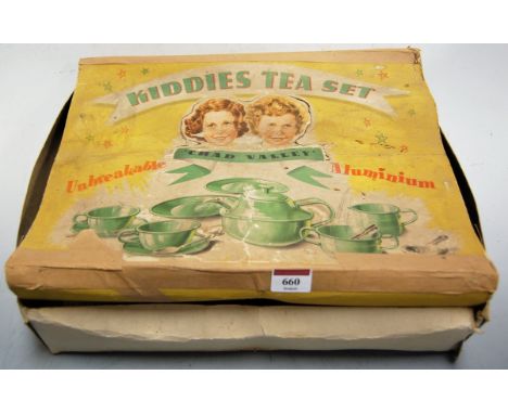 An Unbreakable Aluminium Kiddies Teaset by Chad Valley, in original cardboard box, circa 1950s