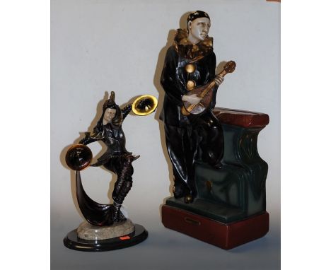 A large resin figure of Pierrot, in standing pose with instrument in hand, h.56cm; together with an Art Deco style figure of 