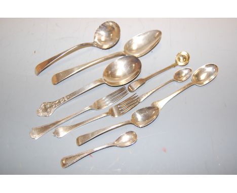 A small 18th century silver ladle; together with a 19th century silver tablespoon, various teaspoons, mustard spoon etc, 8.3o