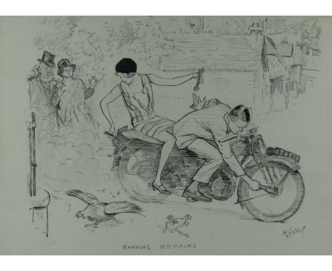 *David Louis Ghilchik (1892-1972) - 'Running Repairs'. An original pen-and-ink drawing showing an attractive young couple att