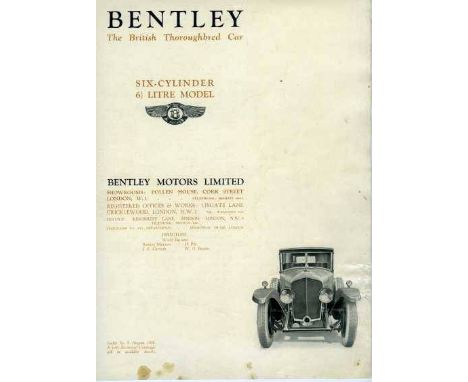 Bentley - Six Cylinder 6 1/2 Litre Model. Probably Bentley's first six-cylinder leaflet No 9 dated August 1926.  8pp includin
