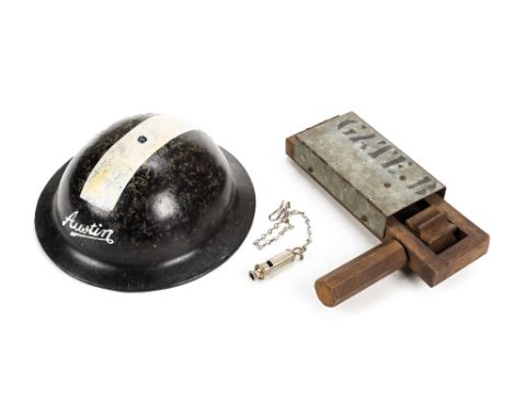 *Austin Motor works. Air Raid Precaution helmet, rattle and whistle reputedly found at the Longbridge Works, Birmingham,  the
