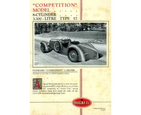 A c1935 Bugatti Type 57 'Competition Model'. A very rare double-sided promotional card (A4 size)  illustrating and outlining 