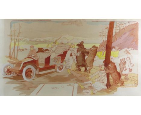 *Mais quelqu'un Troubla la Fete!!... A hand-coloured pochoir lithograph after Ernest Montaut (1870-1909).  A large image in h