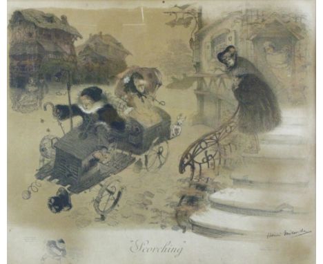*Henri Mirande (1877-1955), 'Scorching'. An original colour lithograph by Fortier et Marotte, depicting two children racing d