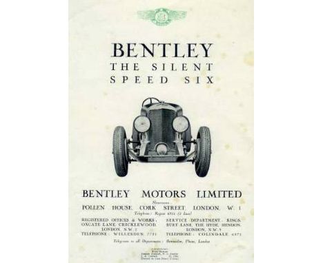 Bentley Speed Six - 1930. A large format 'The Silent Speed Six' Leaflet No 31, dated January 1930.  Possibly the first Speed 