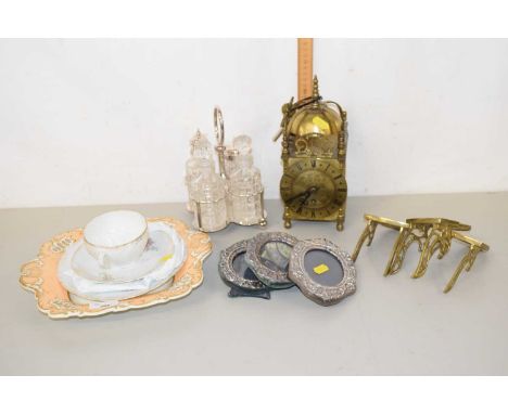 Mixed Lot: A 20th Century brass cased lantern style clock, a cruet, white metal mounted photo frames, assorted ceramics etc