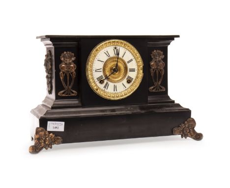 ART NOUVEAU BLACK SLATE MANTEL CLOCK, two train eight day movement, white enamel chapter ring with Roman numerals, slate with
