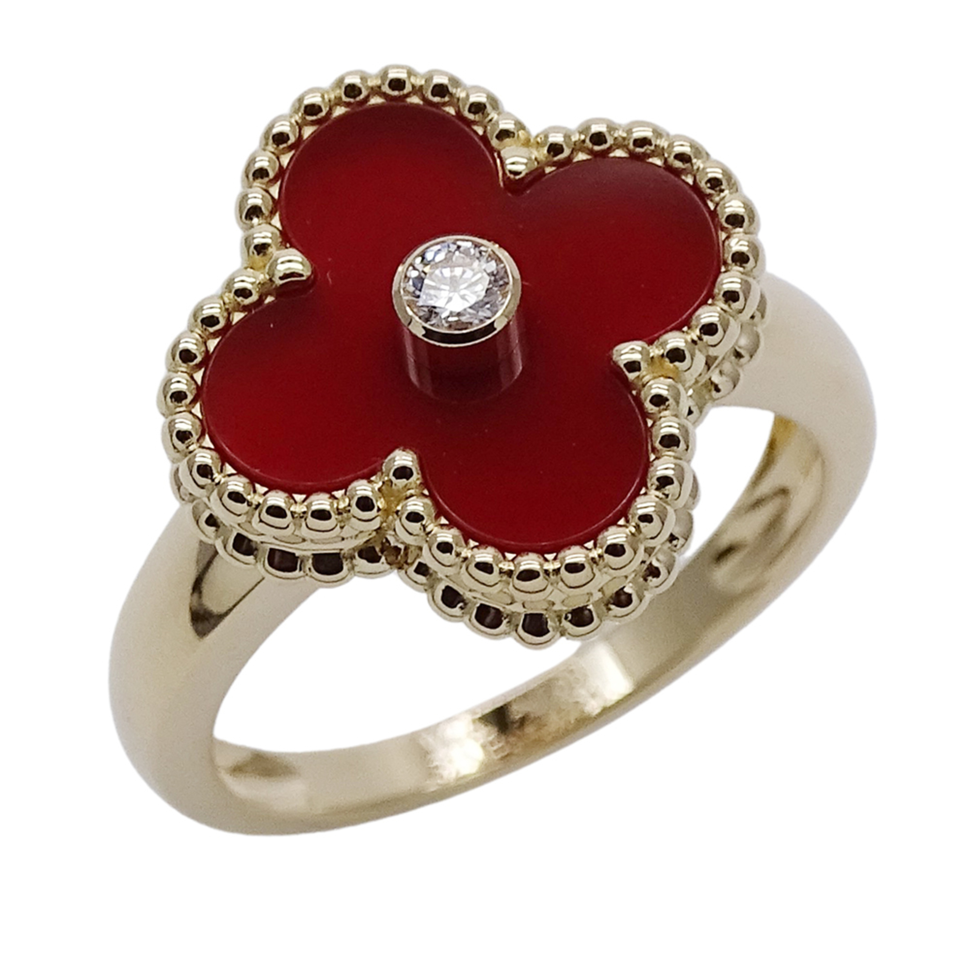 Van Cleef & Arpels Vintage Alhambra Ring for Women, 750YG Yellow Gold, Carnelian and Diamond, Size #