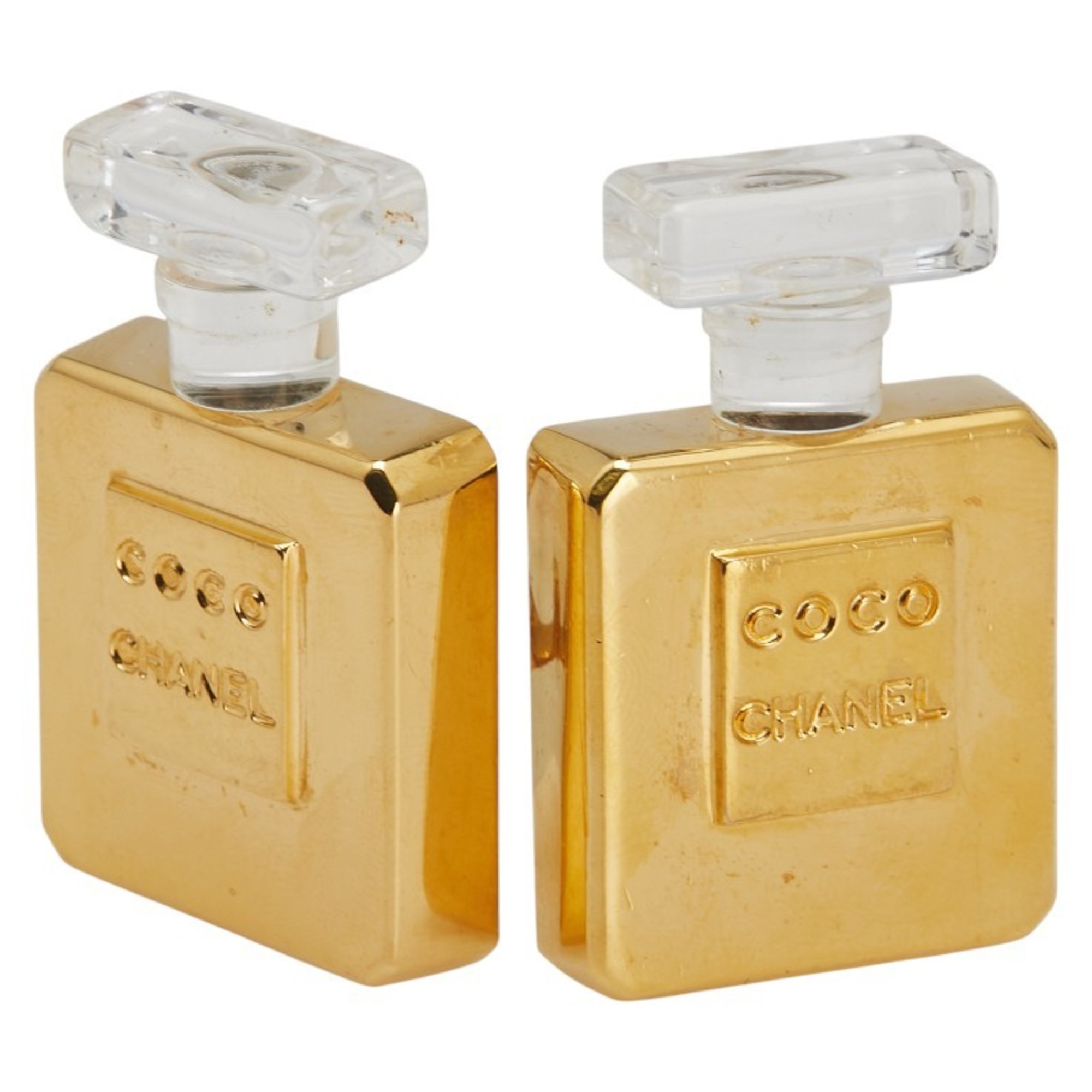 Chanel perfume bottle earrings, gold and clear plated plastic, women\'s.