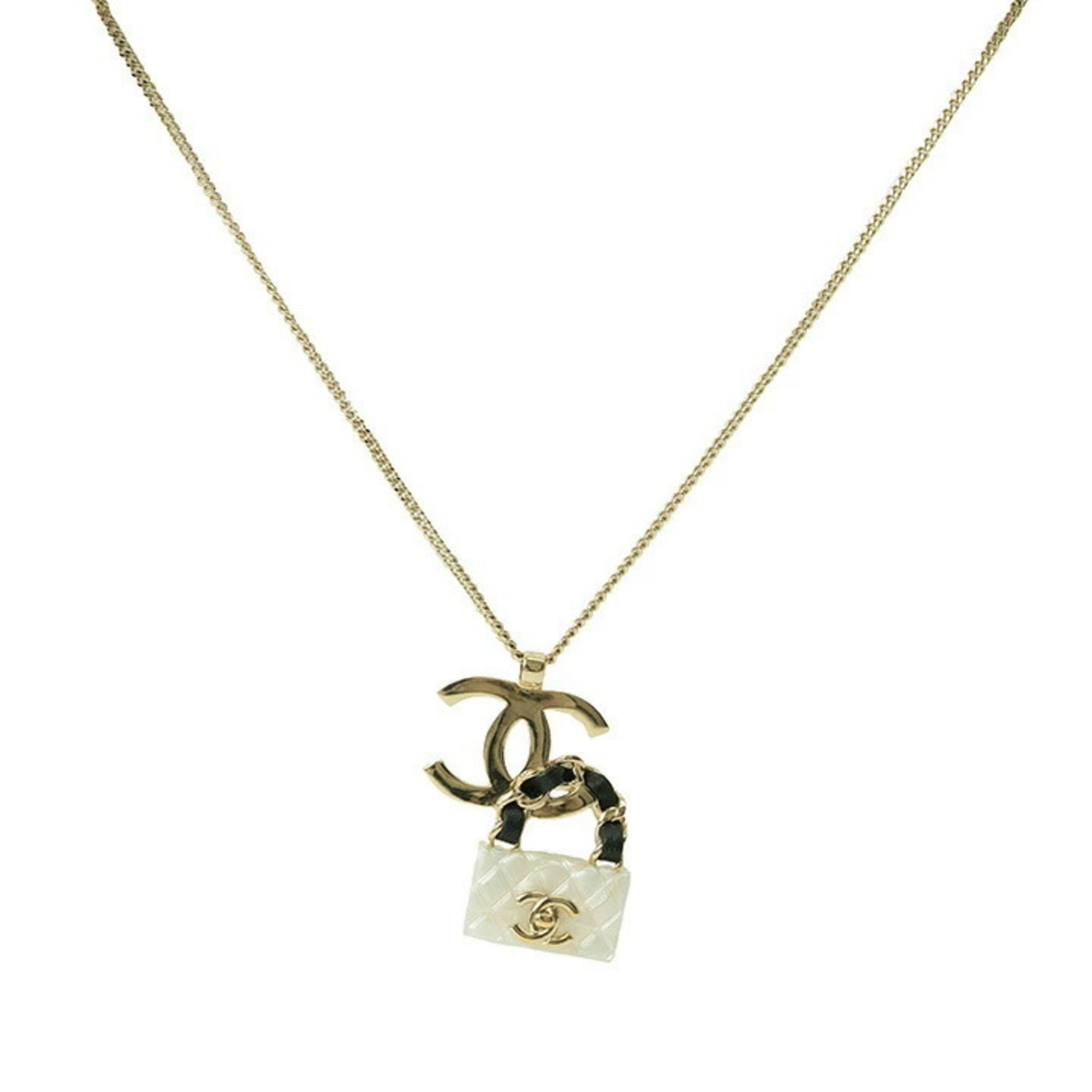 CHANEL Necklace Pendant Bag Charm Coco Mark Gold White