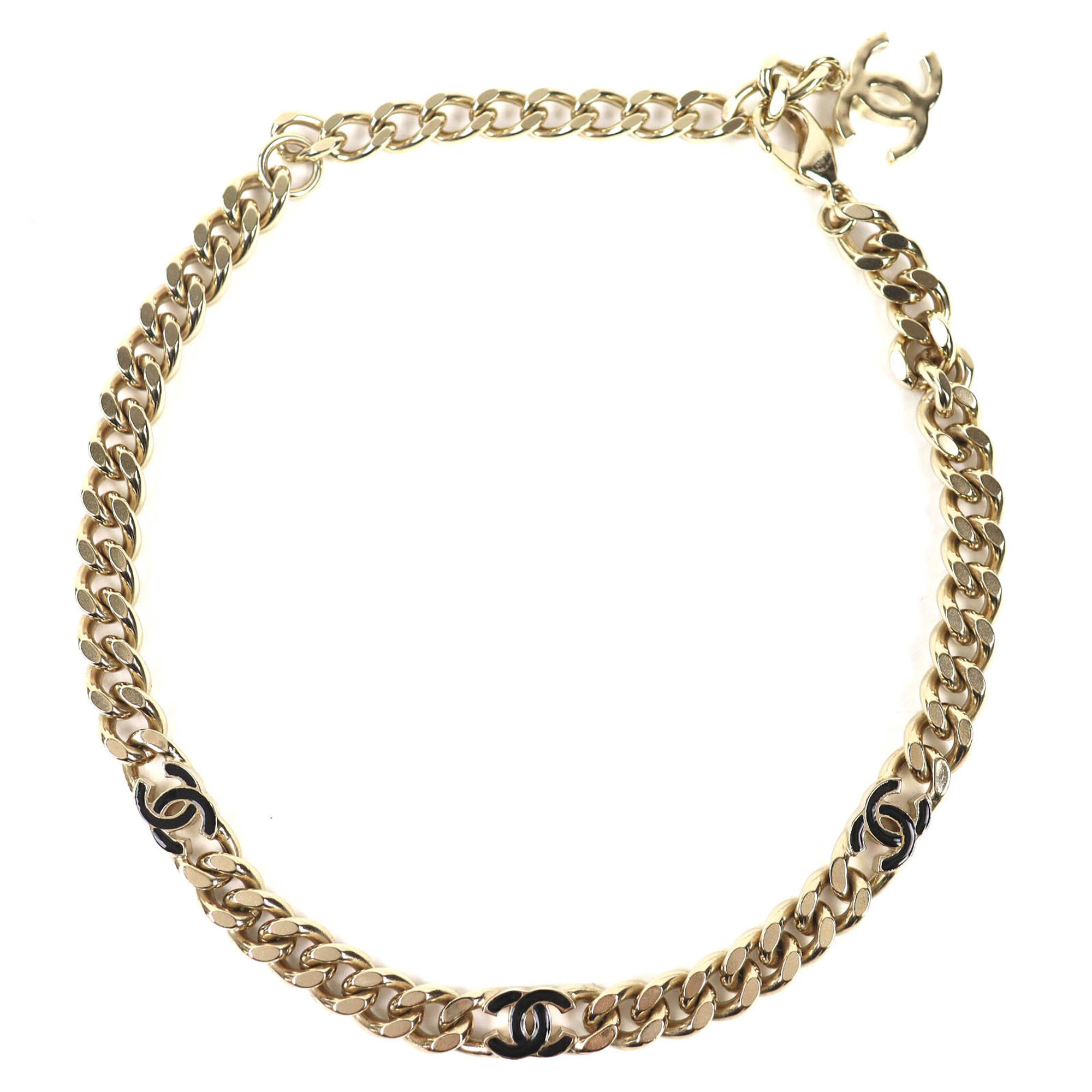 CHANEL B22S AB8298 Triple Coco Mark Cuban Link Chain Necklace Choker - Gold & Black Made in Italy Wo