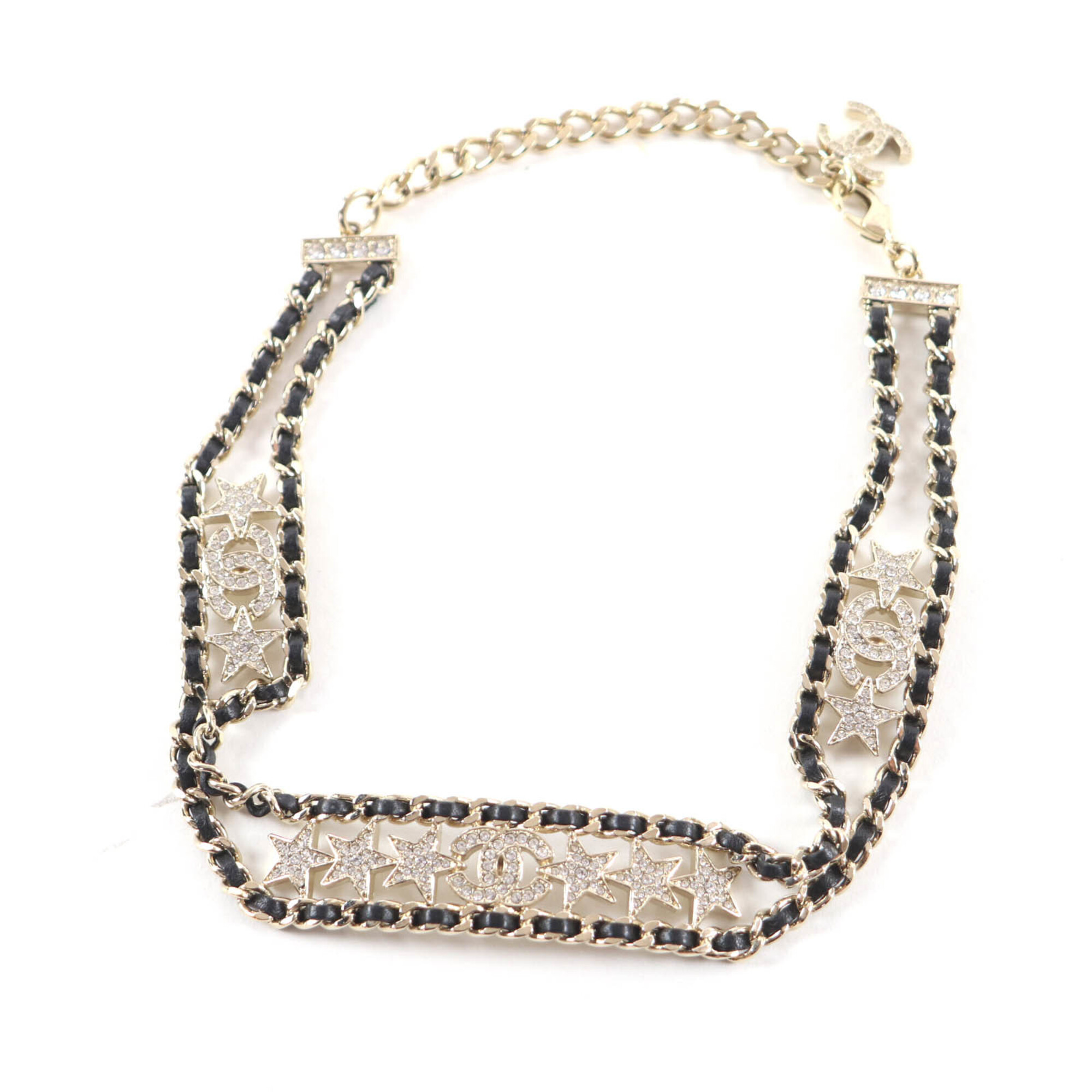 CHANEL B23C AB9808 Coco Mark Star Rhinestone Leather Chain Choker Black Gold Made in Italy Women\'s