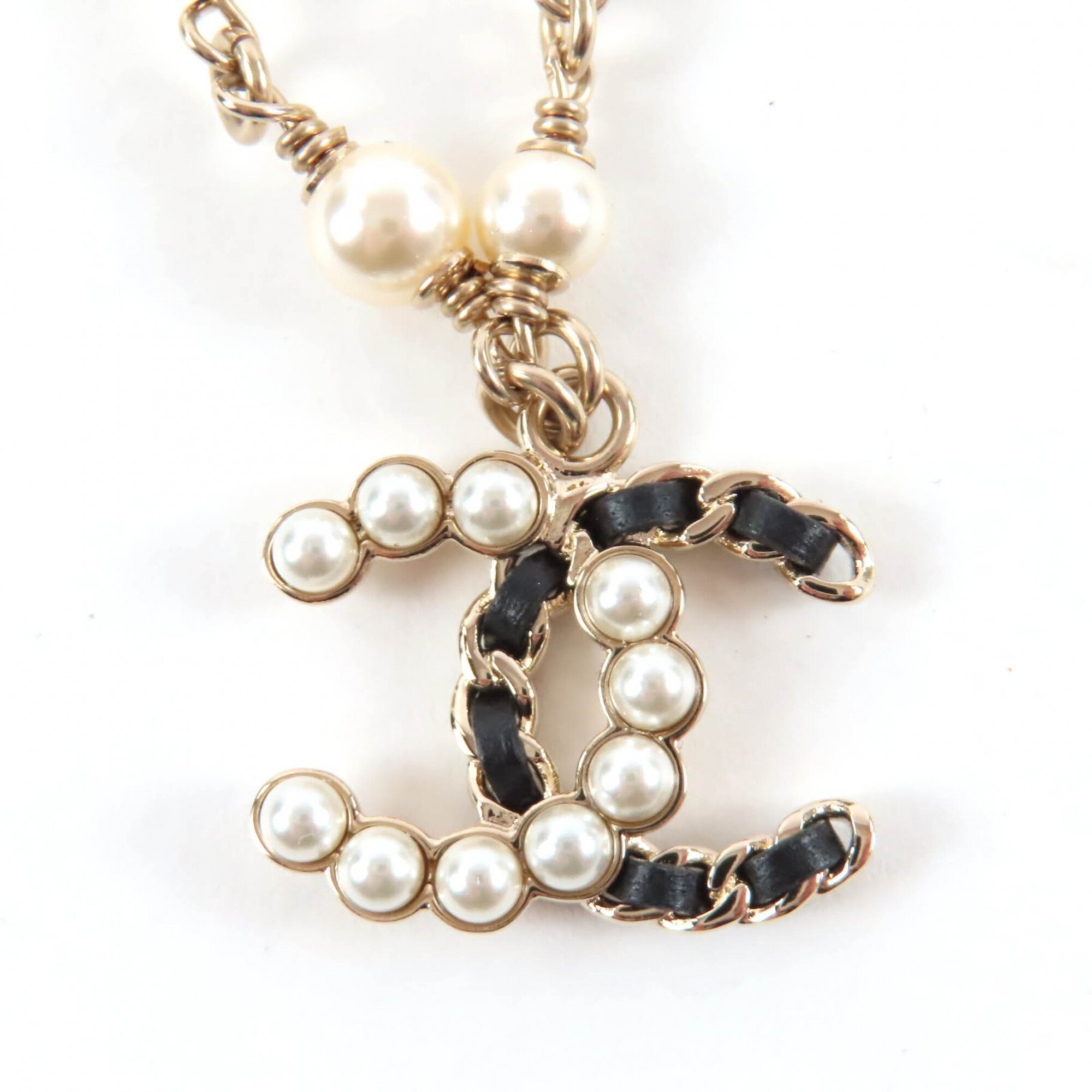 CHANEL B25K Coco Mark Faux Pearl Leather Necklace, Gold and White, with Box Dust Bag, Made in Italy,