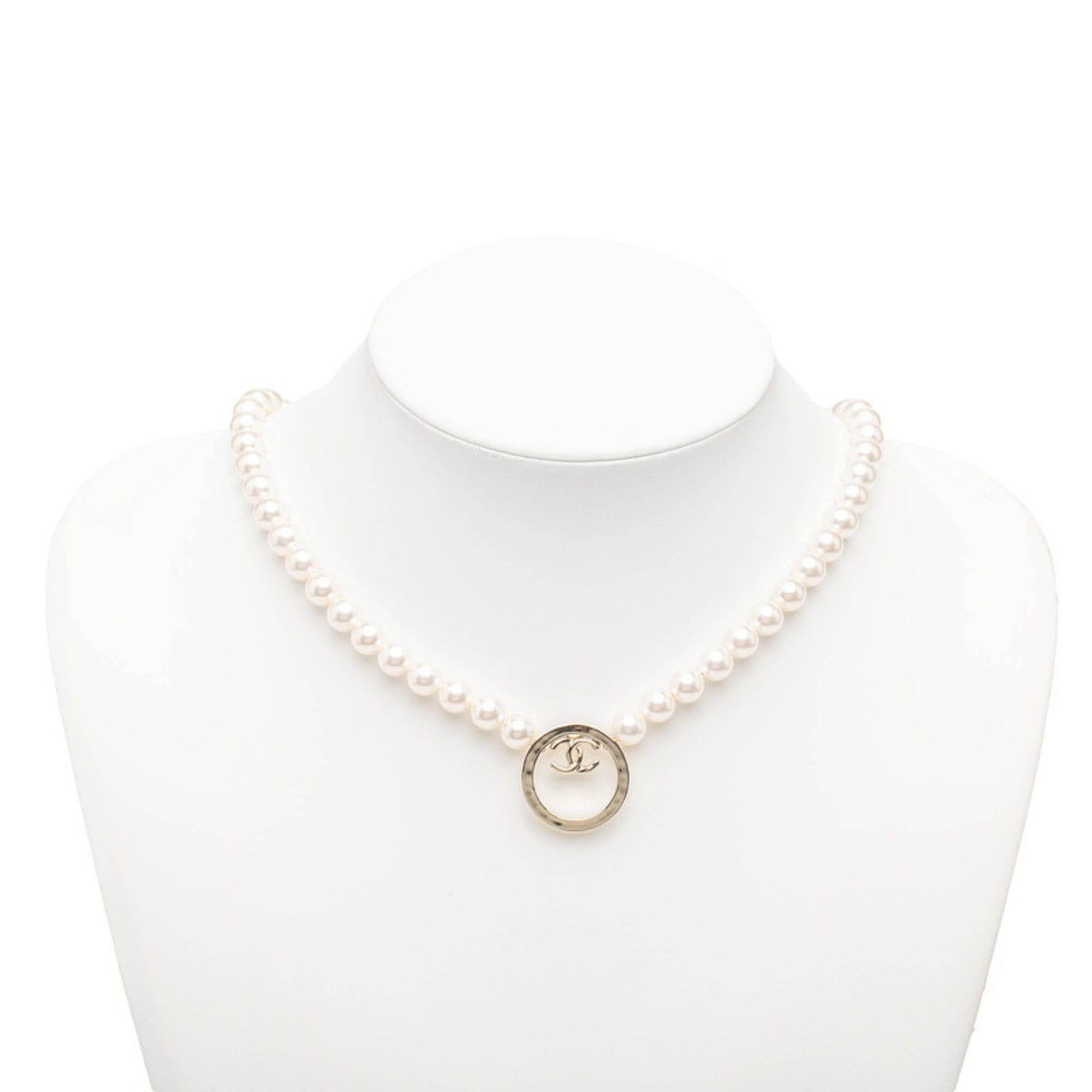 Chanel Coco Mark Pearl Necklace, White and Champagne Gold, Faux Pearl, Plated, Women\'s.