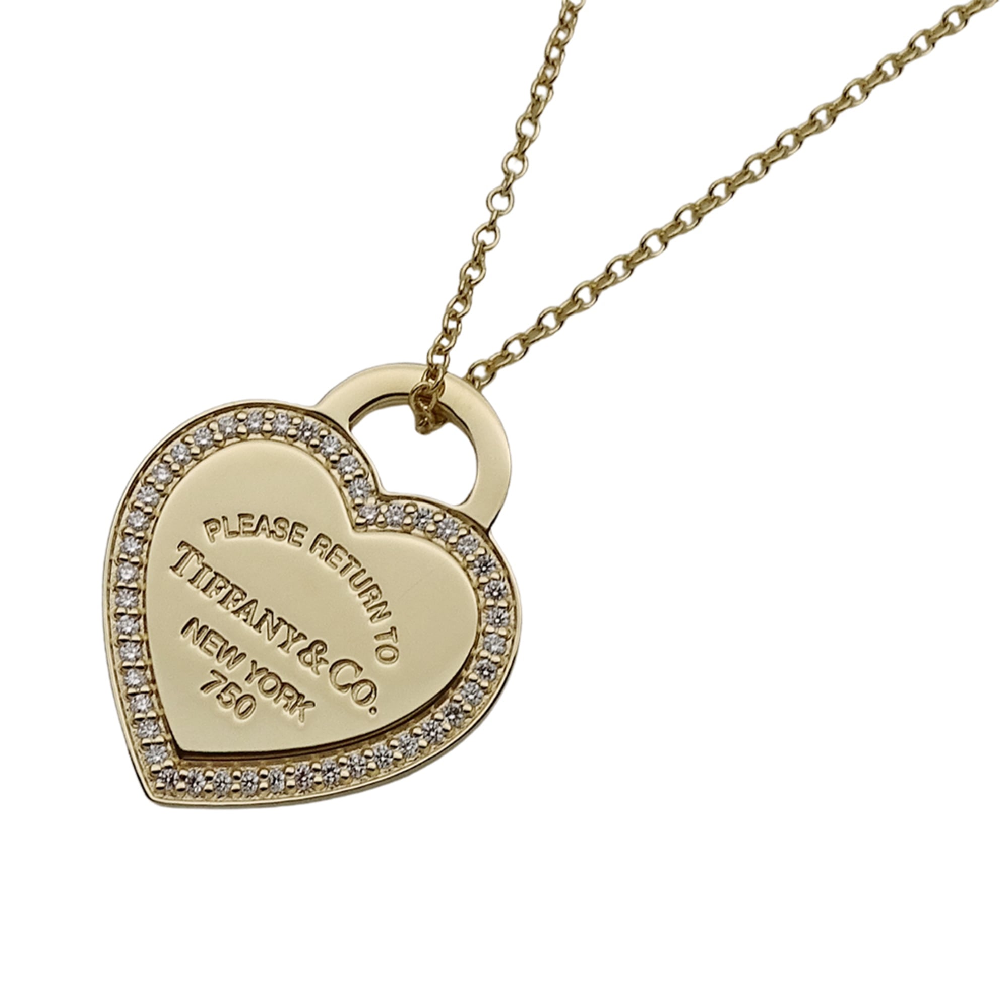Tiffany & Co. Women\'s Necklace, 750YG Diamond, Return to Heart Tag, Yellow Gold Jewelry, Polished.