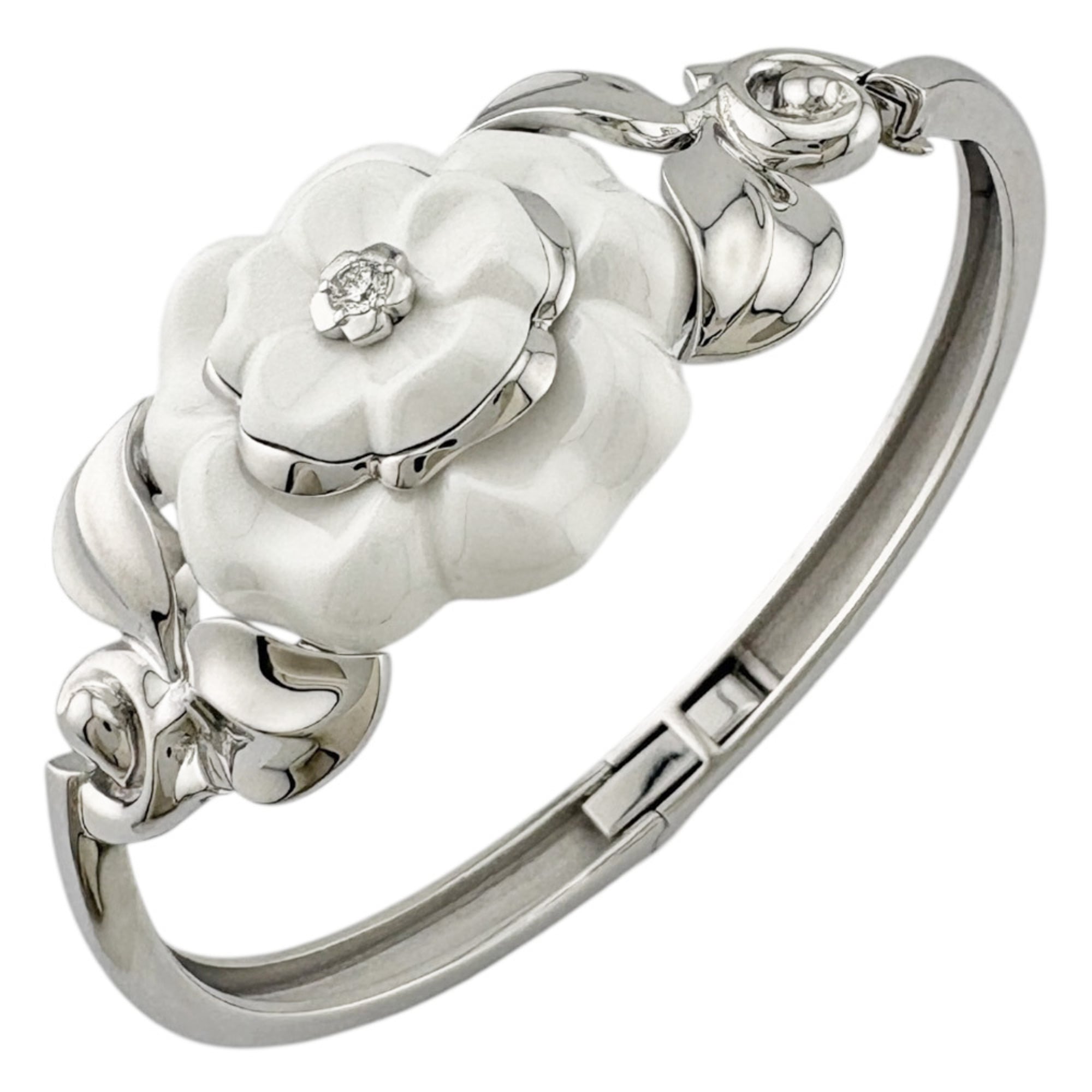 Chanel Bangle, 18K Gold, White Chalcedony, Diamond, Women\'s, CHANEL, Used, Camellia