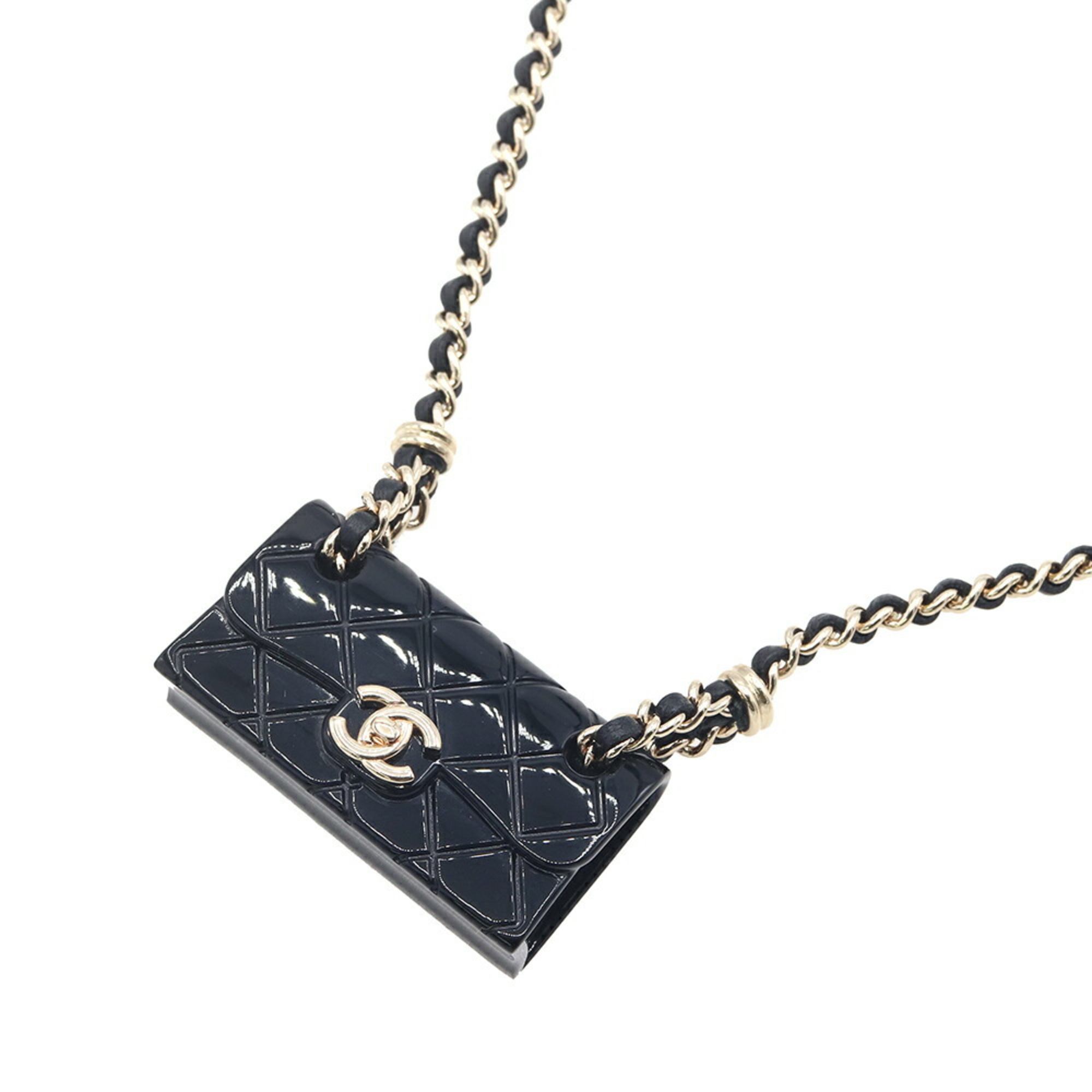 Chanel MatelassŽ Necklace ABA004 Black Resin Metal Leather B23C 2023 Model Pendant Coco Mark Handbag
