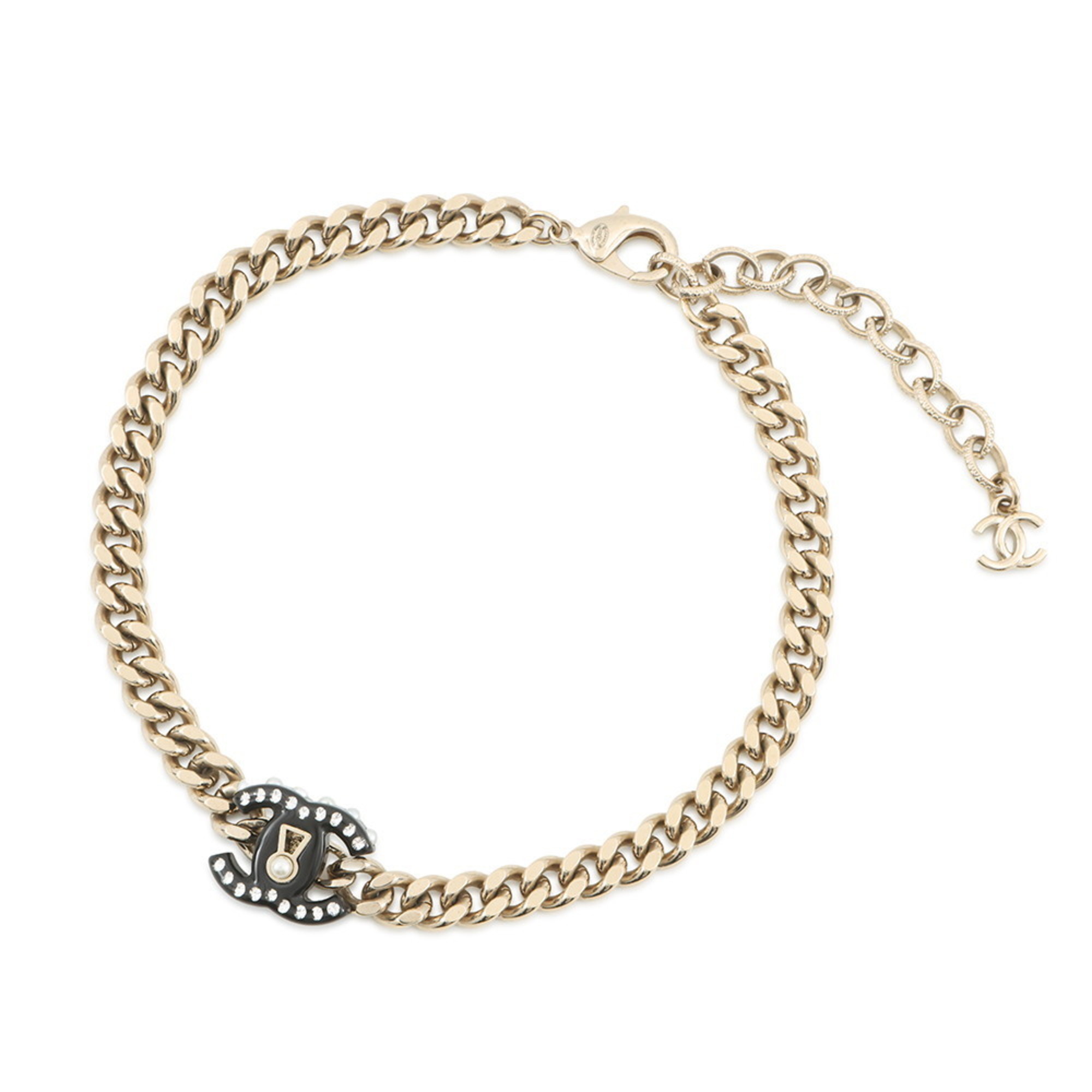 Chanel Necklace Coco Mark Lock Choker Faux Pearl Rhinestone D22 C CHANEL for Women