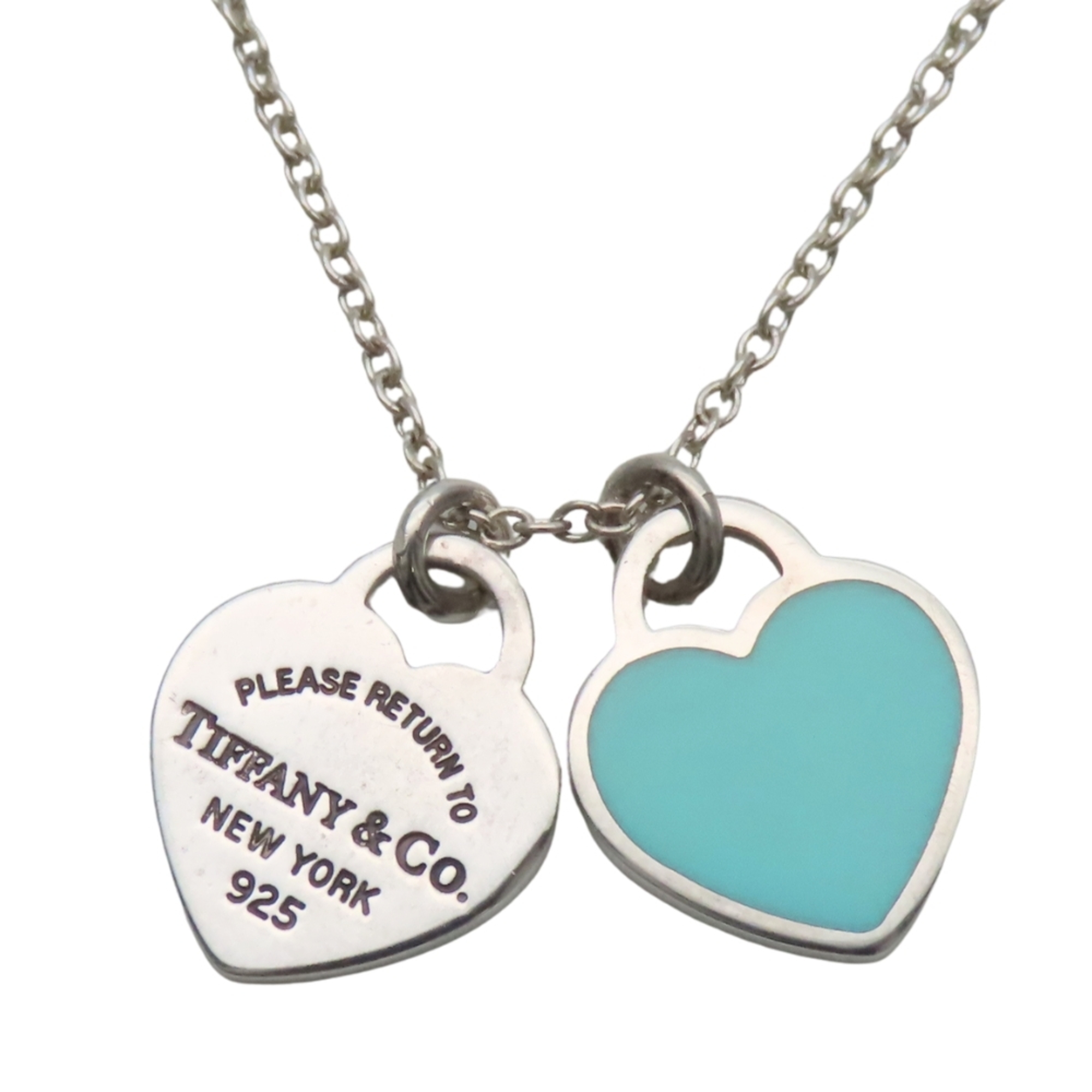 Tiffany & Co. Return to Double Heart Tag Necklace, Sterling Silver 925, Blue Pendant, Women\'s.