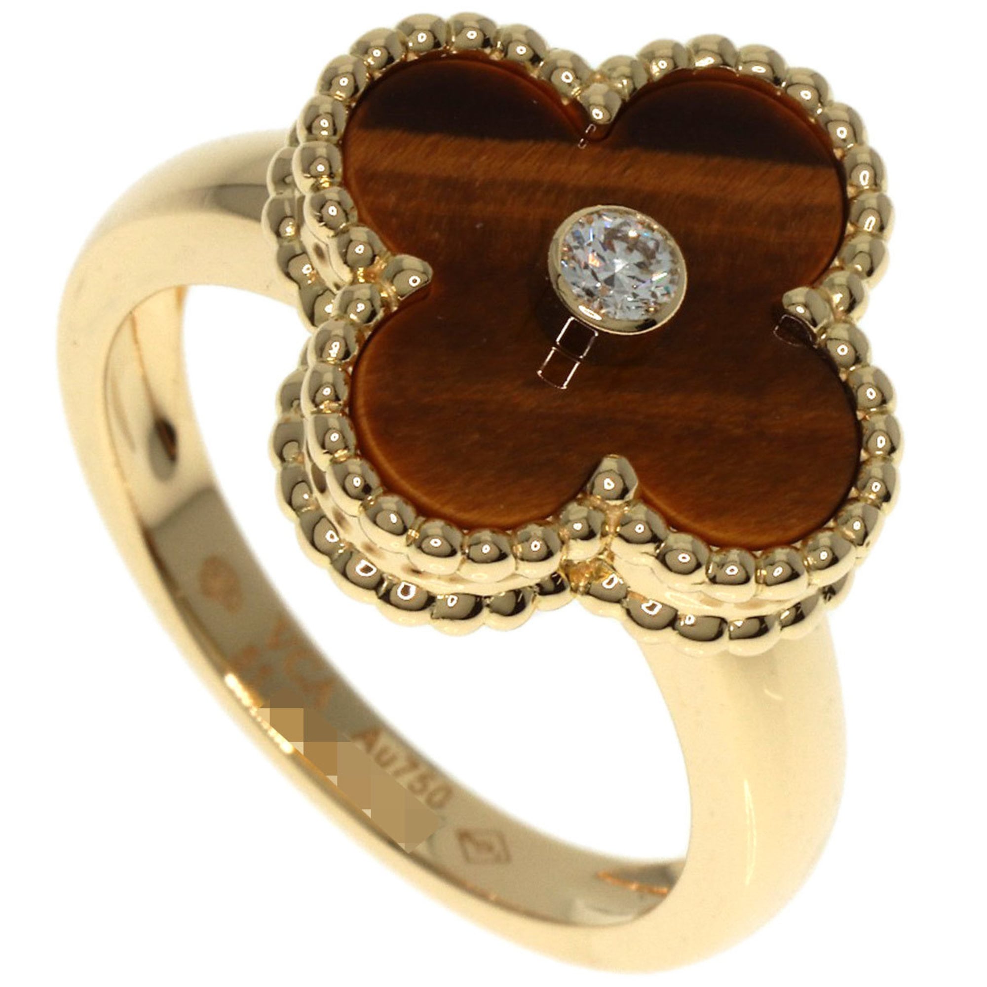 Van Cleef & Arpels Alhambra Tiger\'s Eye 1P Diamond #51 Ring, 18K Yellow Gold, Women\'s,
