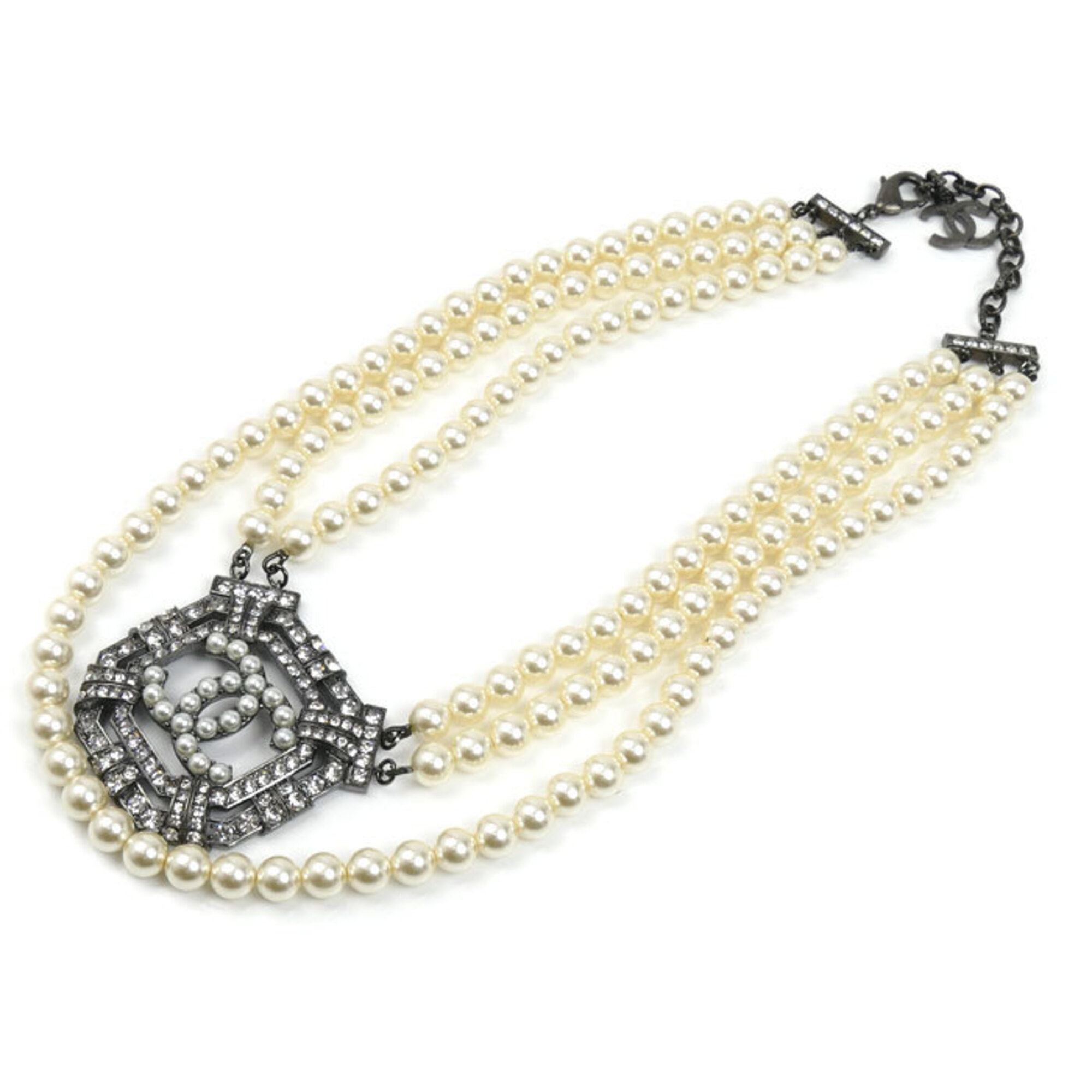 CHANEL Metal Coco Mark Triple Resin Pearl Choker Necklace 41-48cm Women\'s