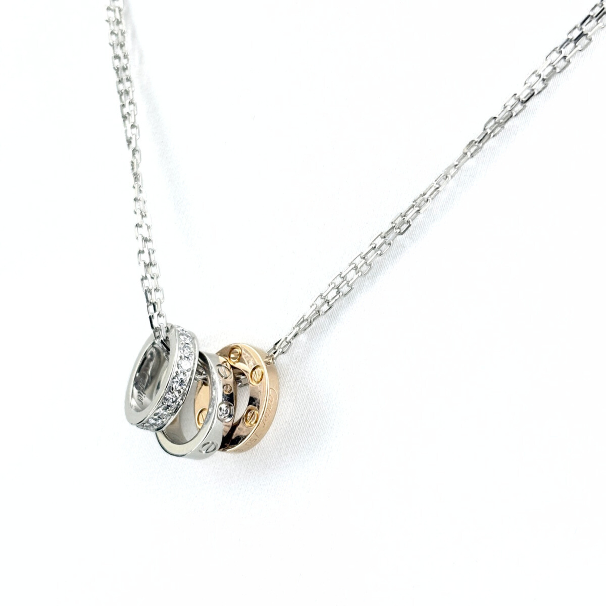 Cartier Love Three Hoop Diamond Necklace, Double Strand Necklace with Small Pendant, 750 Gold, Women