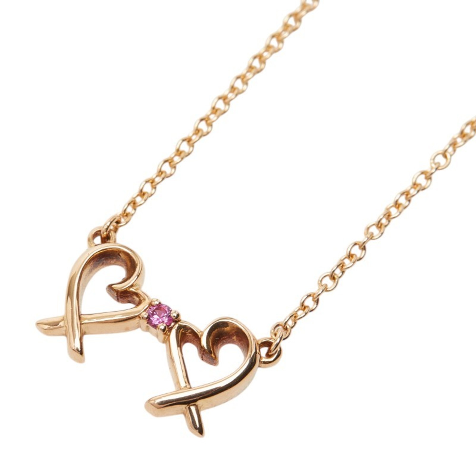 Tiffany & Co. Pink Gold 18KPG 750 Sapphire Paloma Picasso Double Loving Heart Chain Pendant Necklace
