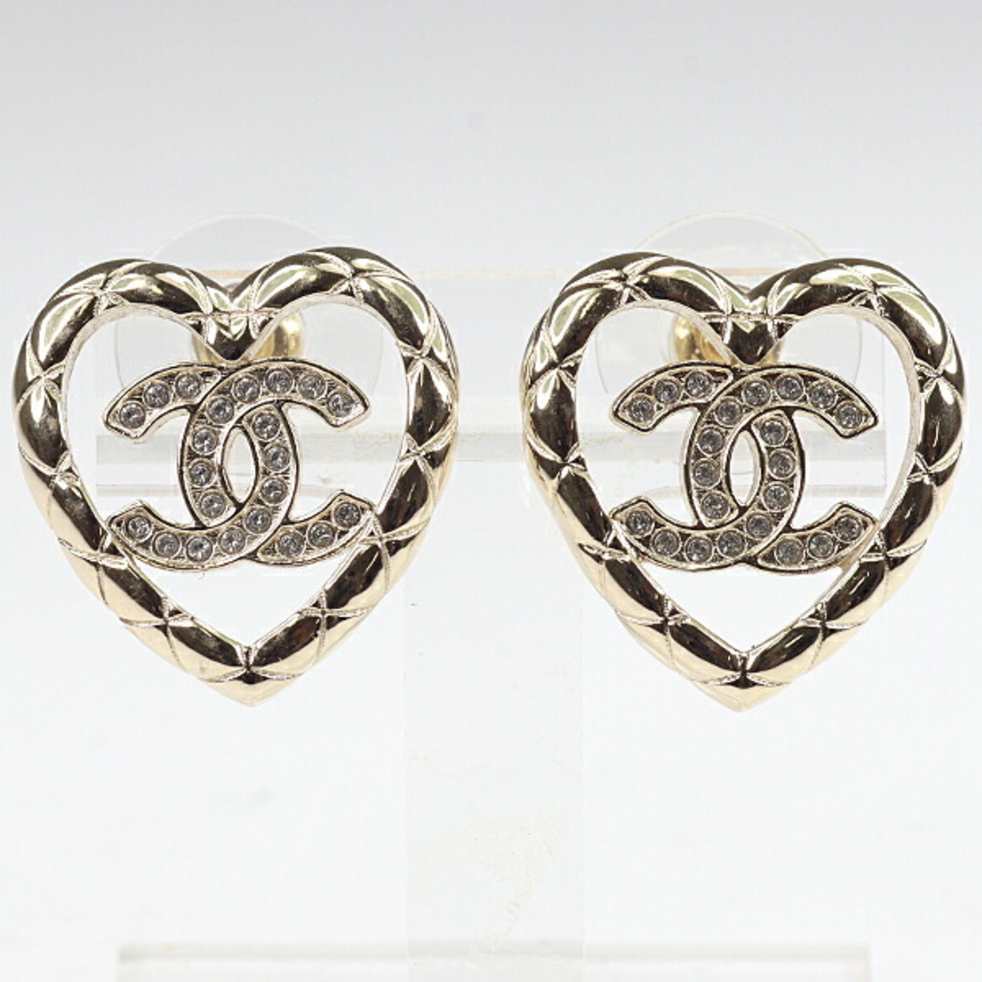 Chanel heart earrings, Coco Mark, quilted, rhinestone, metal, ABG044, gold, crystal, B25A, unused.
