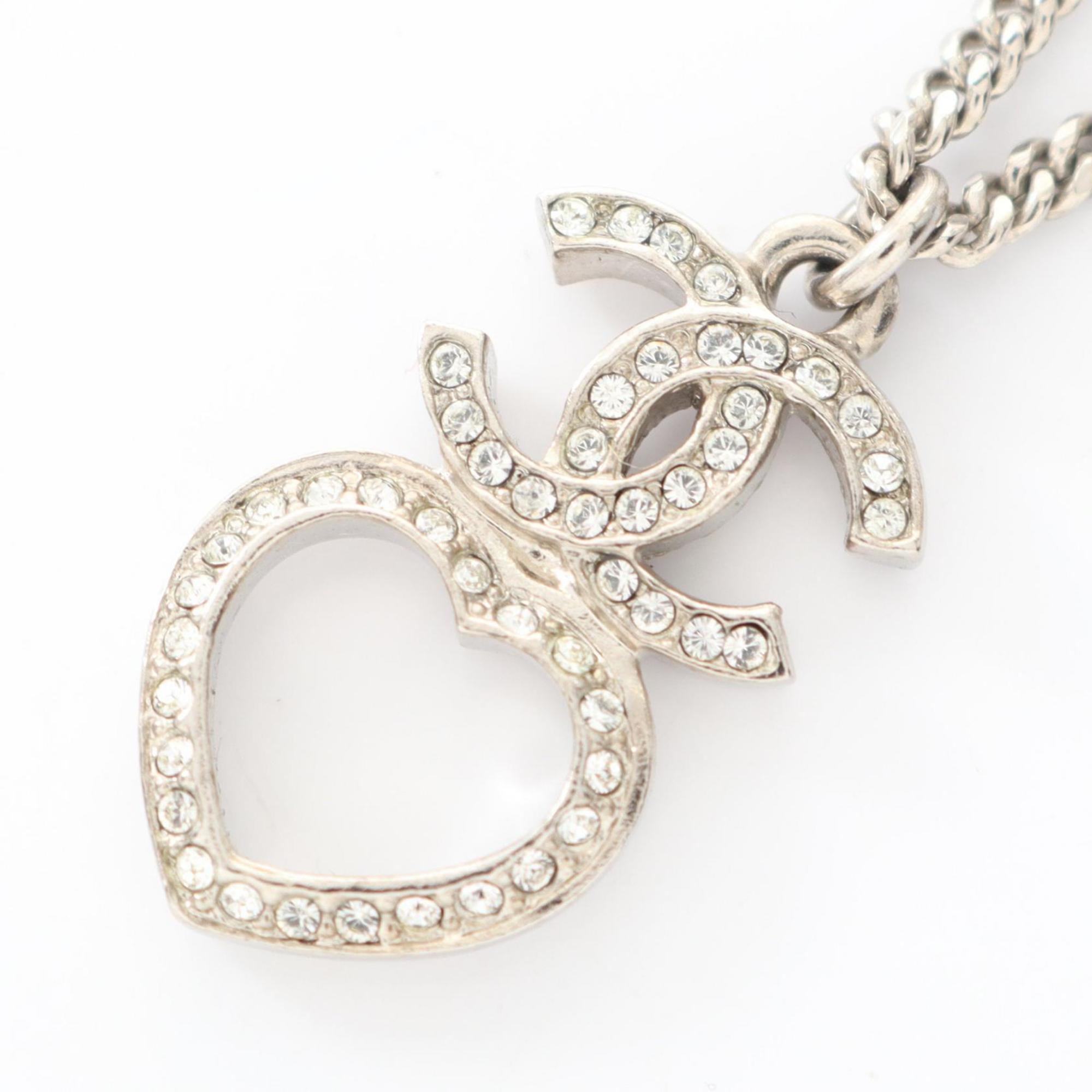 Chanel Coco Mark Heart Necklace, Stainless Steel with Faux Pearls and Rhinestones, Women\'s, Silver,