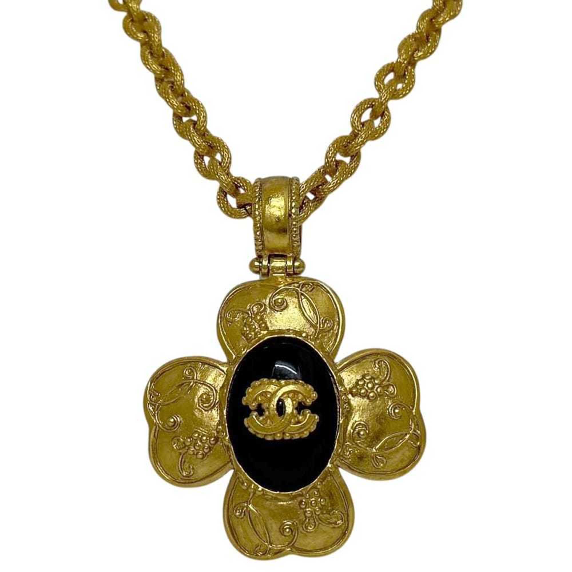 Chanel Necklace ec-24724 Gold Black Coco Mark GP 06 A CHANEL Clover Long with Stone Chain, Large, Wo