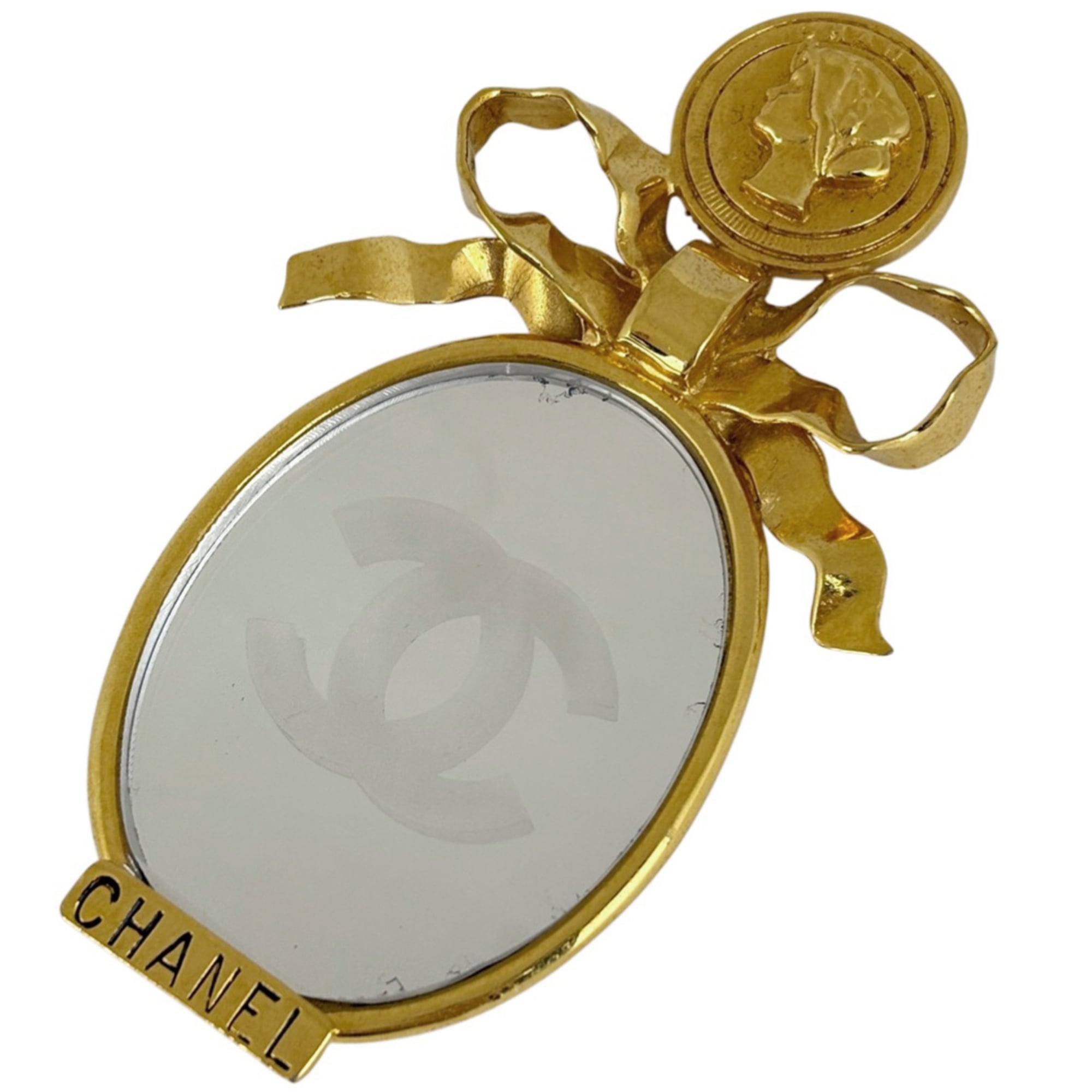 CHANEL Coco Mark Mirror Brooch Logo Ribbon GP Gold Women\'s