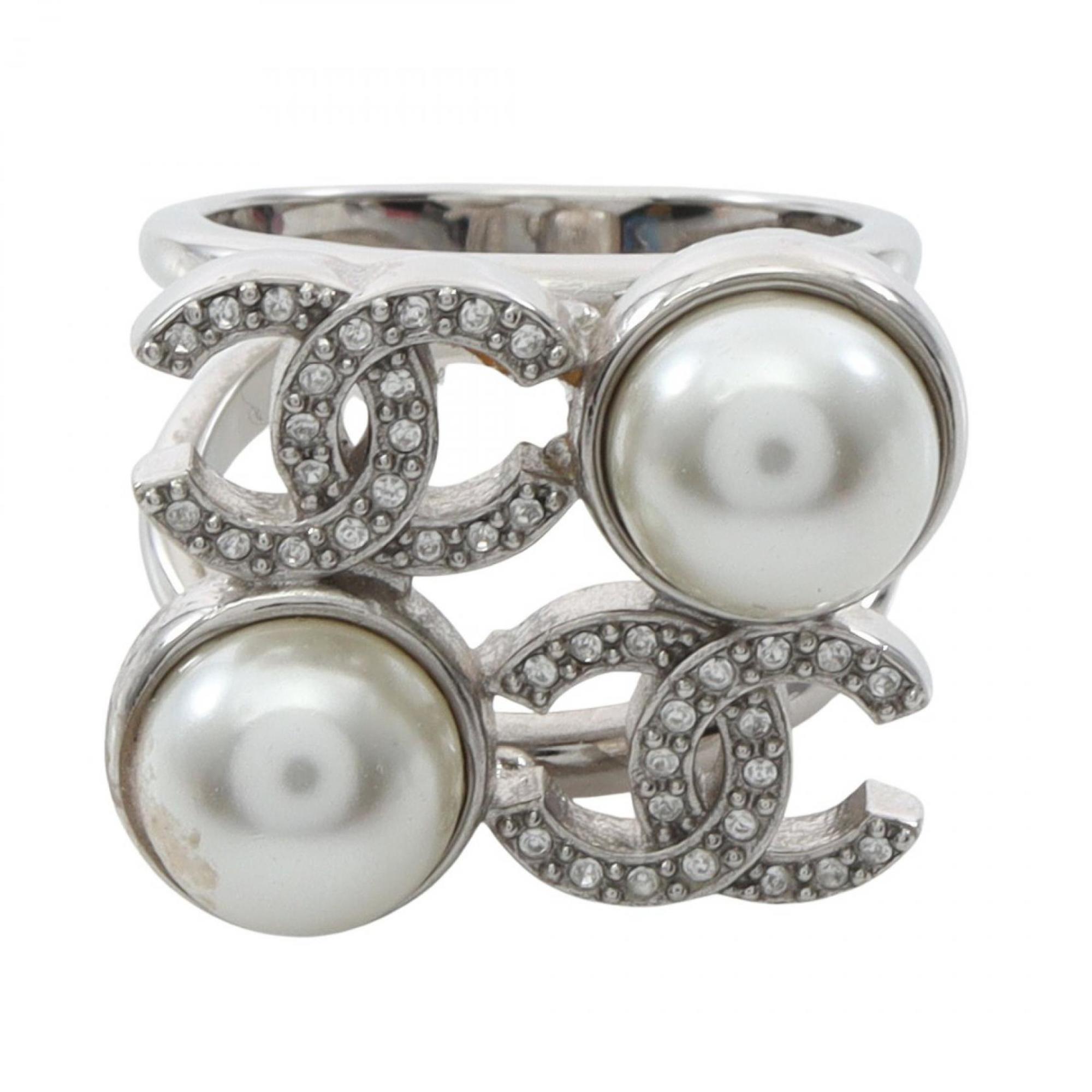 Chanel Coco Mark Ring - Stainless Steel, Faux Pearl, Rhinestone Women\'s Silver, White, Clear