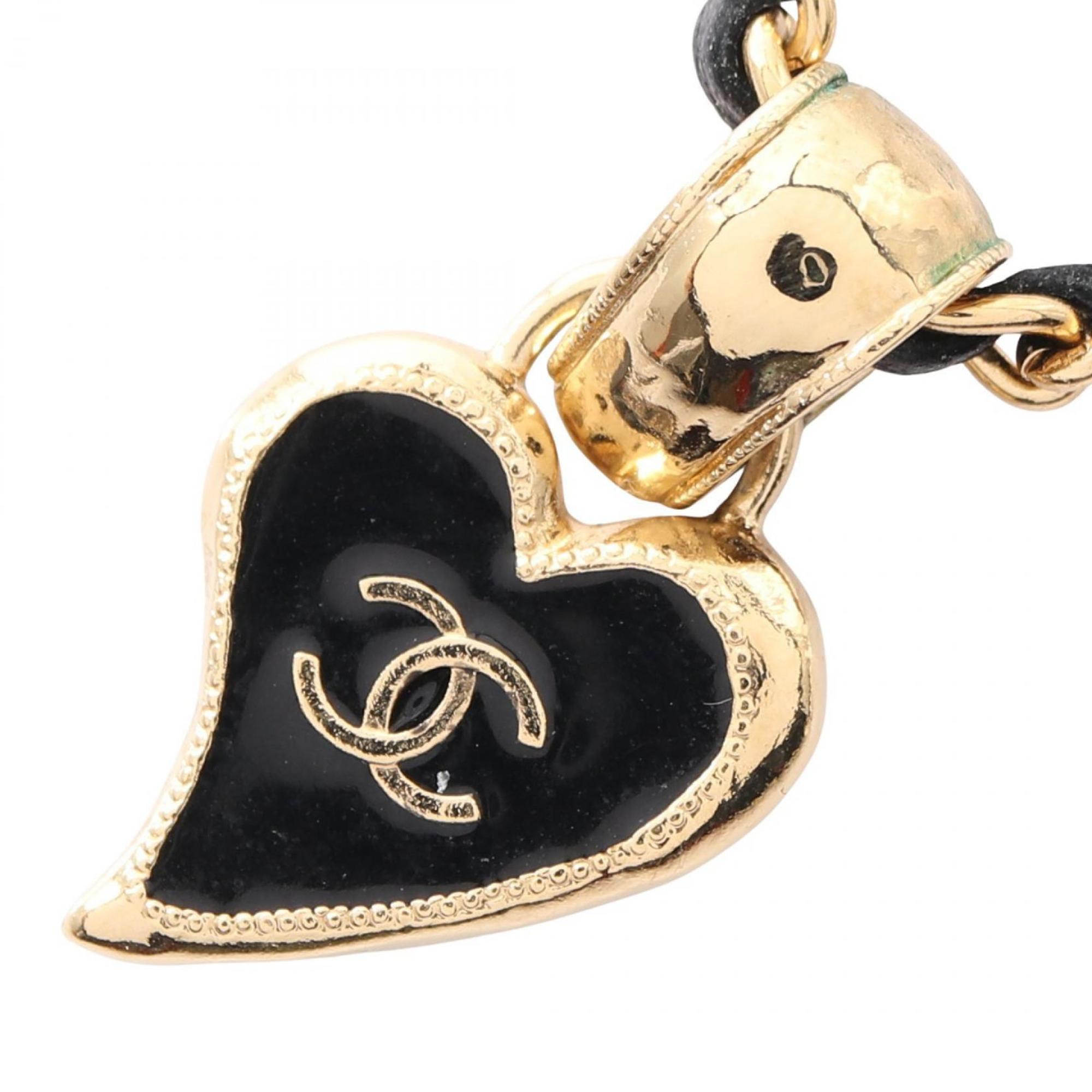 CHANEL Coco Mark Heart Necklace, Gold-Plated Leather, Women\'s, Gold and Black