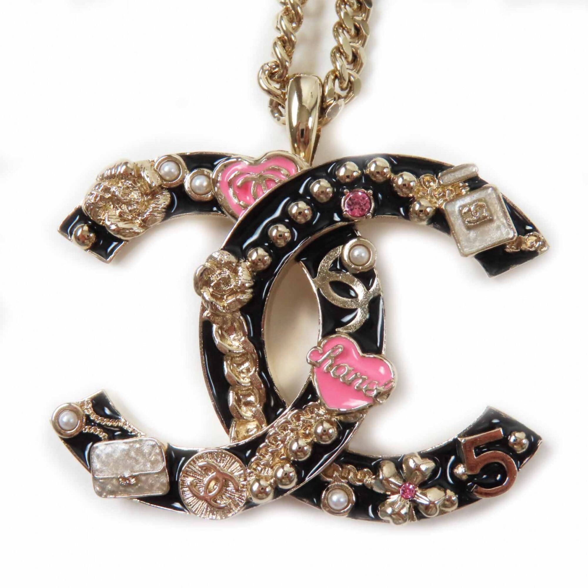 CHANEL B24P ABD325 Camellia Perfume Bag Icon Design Large Coco Mark Necklace Black Gold Pink Box Inc