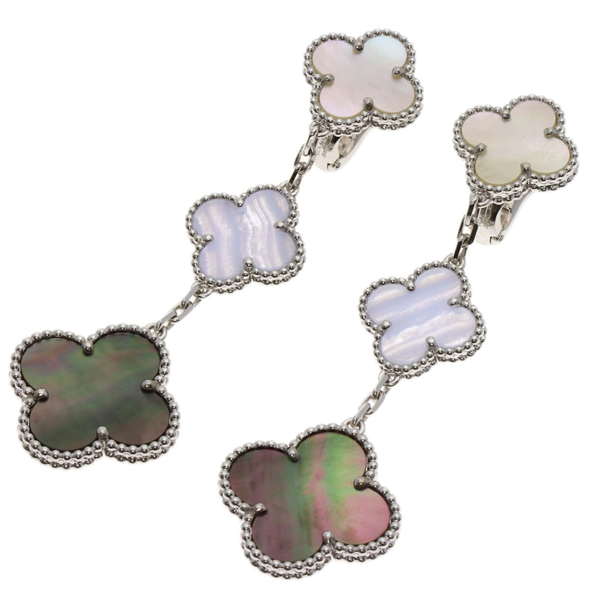 Van Cleef & Arpels Magic Alhambra 3 Motif Chalcedony and Shell Earrings in 18K White Gold for Women.