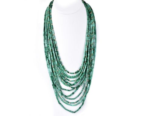 Vintage Multi Strand Malachite Bead and 18 Karat Yellow Gold Necklace Accented with Approx. 2.0 Carat Cabochon Sapphires. Uns