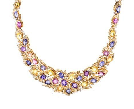 Modern 91.66 Carat Fancy Oval Cut, Multi Color Sapphire, 14.78 Round Brilliant Cut Diamond and 18 Karat Yellow and White Gold