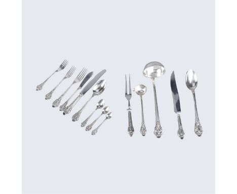 One Hundred Twenty Seven (127) Piece Portuguese .833 Silver Flatware Set. Includes: 12 dinner forks 7-3/4" , 12 dinner knives