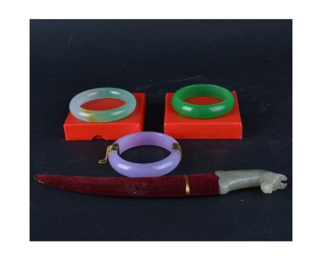 Four (4) Piece Chinese Lot: hinged bracelet, two hardstone bangle bracelets (two are in a box), and a small dagger. Hinged br