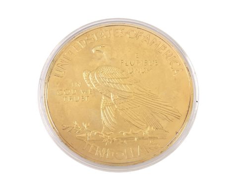 1933 Ten Dollar Indian Head 24k Gold Overlay .999 Silver Round. In plastic case. Measures 4" diameter and weighs approx 17 tr